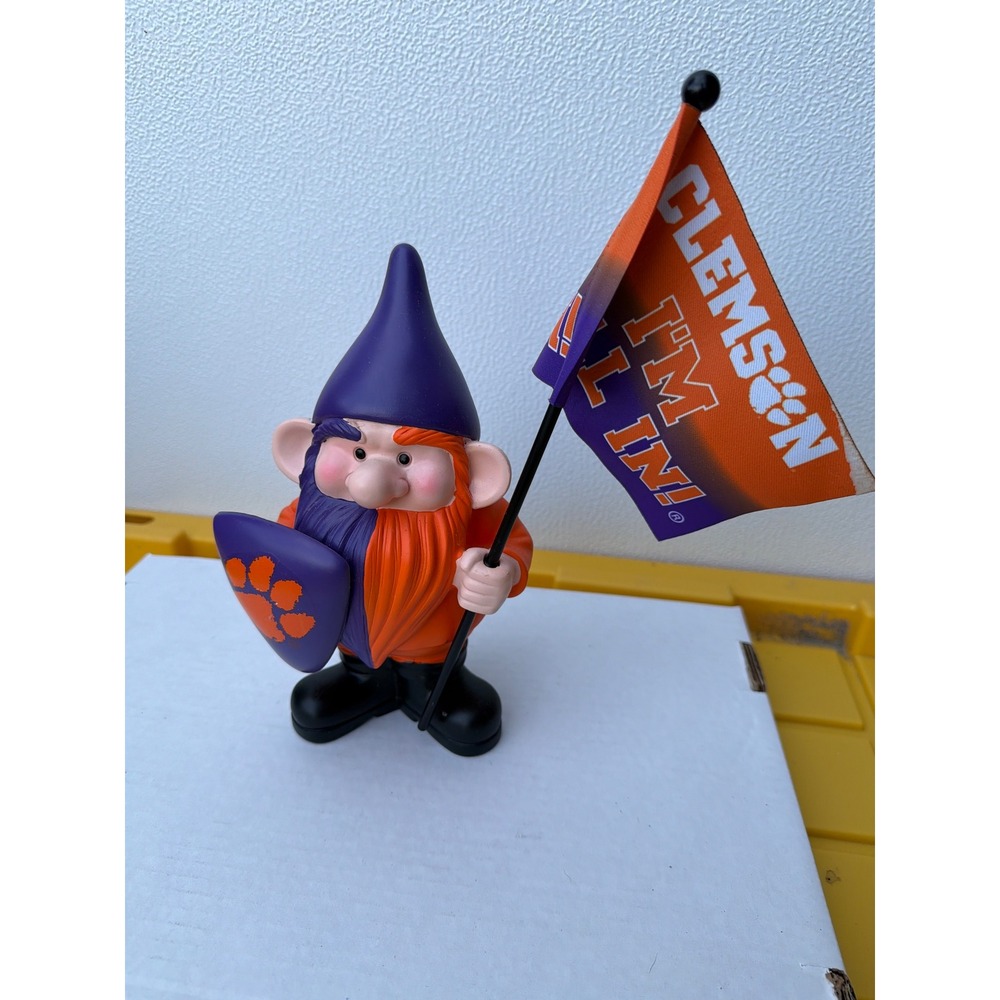 Clemson Tigers NCAA Garden Gnome I'm All In Flag Shield Orange Purple Mascot 11"
